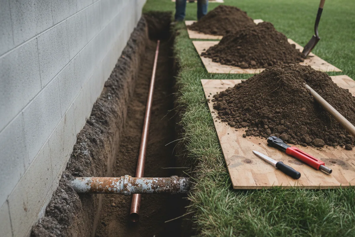 Excavated water line trench during Water Softener Installation in Snow Camp